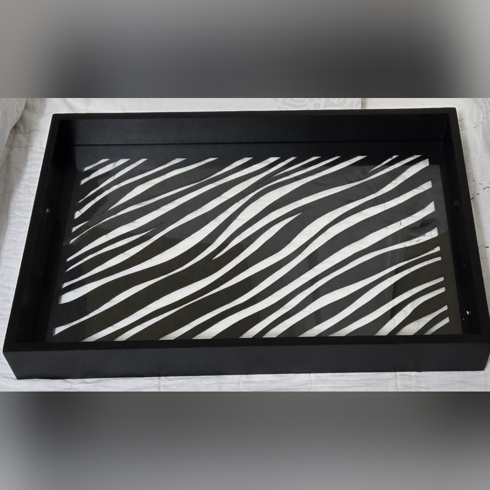 Zebra Serving Tray Wooden w/ Glass Insert Many Uses NWT 15" X 10" X 1.7"